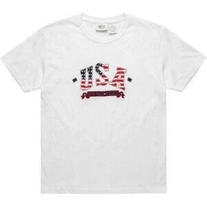Vintage 90s USA Graphic T Shirt Womens M Embroidered Flag Tee Boxy Pasta